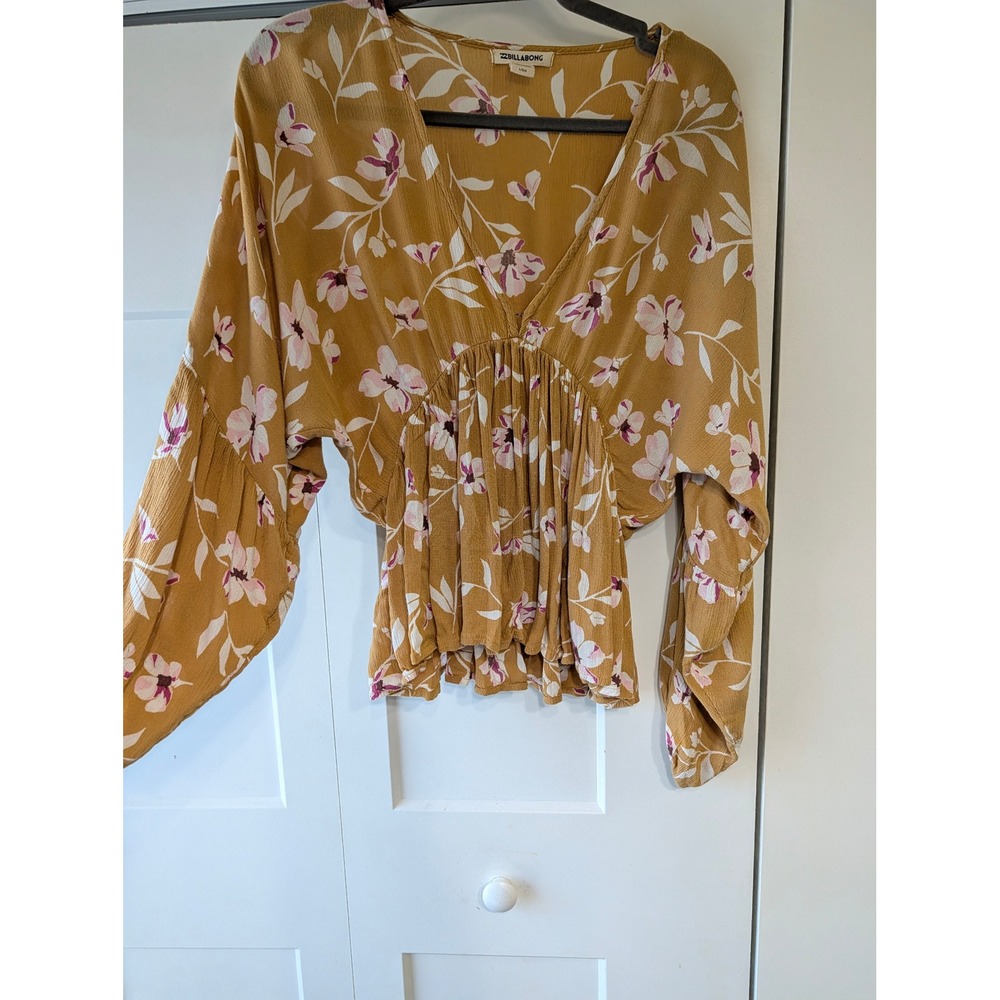 Billabong Mustard Yellow Floral V-Neck Peplum Blouse Balloon Sleeve Large